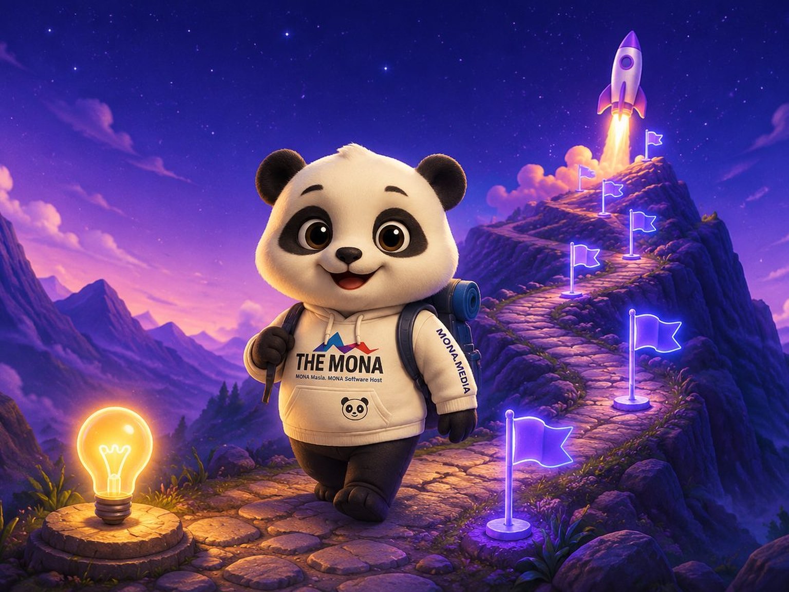 MONA panda mascot climbing the AI development milestones from idea to launch